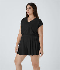 V Neck Short Sleeve Pocket Waffle Casual Plus Size Jumpsuit