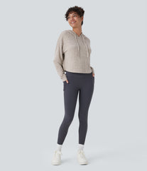 Ribbed Knit Hooded Drawstring Relax Casual Sweatshirt