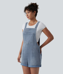 Halara Flex™ Square Neck Rolled Hem Denim Casual Short Overalls with Pockets