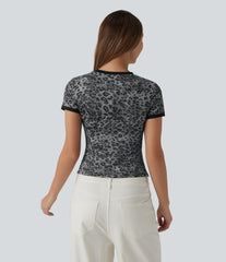 Round Neck Short Sleeve Leopard Print Casual Ringer T-Shirt