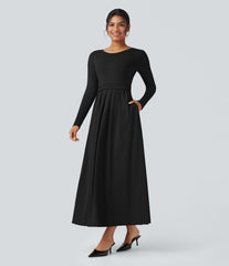 Scoop Neck Long Sleeve Flare Maxi Casual Dress with Pockets