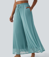 High Waisted Drawstring Wide Leg Flowy Mesh Casual Pants with Pockets
