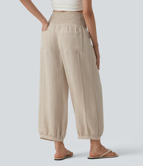 High Waisted Shirred Linen-Feel Casual Bubble Pants with Pockets