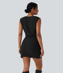 Ribbed Knit Sleeveless Belted Wrap Bodycon Mini Casual Dress