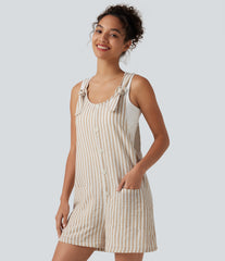 Knot Strap Stripe Casual Linen-Feel Short Overalls with Pockets