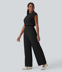 SoftlyZero™ Airy Cowl Neck Cap Sleeve Straight Leg InstantCool Casual Jumpsuit with Pockets