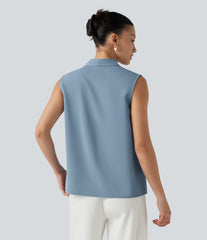Wrinkle-Resistant V Neck Sleeveless Relaxed Work Tie Blouse