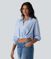 Collar Roll Up Sleeve Twisted High Low Stripes Casual Shirt
