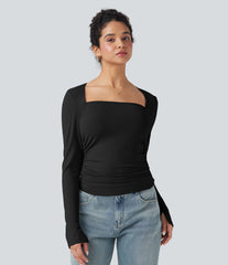 Square Neck Split Long Sleeve Ruched Slim Casual Top
