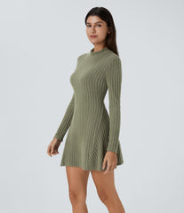Ribbed Knit Stand Collar Long Sleeve Mini Casual Dress