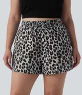 Plus Size High Waisted Drawstring Leopard Print Casual Shorts with Pockets