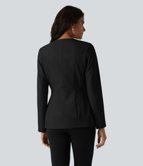 Wrinkle-Resistant U Neck Long Sleeve Work Linen-Feel Blazer