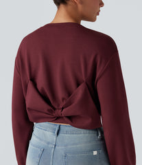 SpacerTek™ Round Neck Long Sleeve Back Bow Cropped Casual Sweatshirt