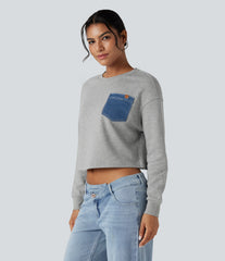 Round Neck Long Sleeve Casual Cotton Sweatshirt with Pocket