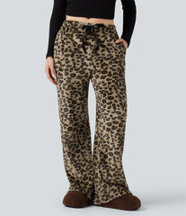 Mid Rise Drawstring Leopard Print Fleece Casual Baggy Pants with Pockets