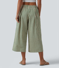 Mid Rise Plaid Cropped Casual Baggy Pants with Pockets