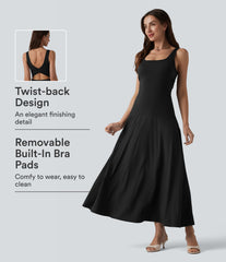 Crisscross Backless Square Neck Sleeveless Flowy Midi Bridesmaid And Wedding Guest Dress