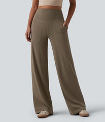Ribbed Knit High Waisted Tummy Control Wide Leg Casual Pants with Pockets