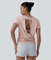 Round Neck Short Raglan Sleeve Cut-out Back Ruched Yoga Sports Top