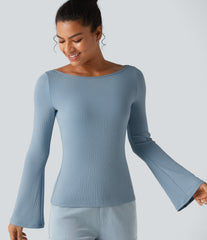 Ribbed Knit Boat Neck Bell Long Sleeve Casual Top