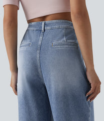 Halara Flex™ Asymmetric High Waisted Wide Leg Washed Casual Jeans with Pockets