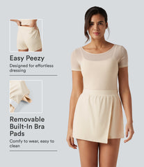 SoftlyZero™ Plush Boat Neck Built-in Bra Contrast Mesh Short Sleeve Party Romper with Pockets-Easy Peezy Edition