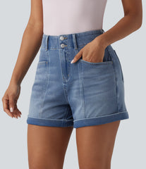 Halara Flex™ High Waisted Rolled Hem Denim Casual Shorts 4'' with Pockets