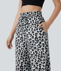High Waisted Drawstring Pocket Leopard Print Wide Leg Baggy Casual Pants