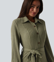 Ribbed Knit Long Sleeve Belted Midi Work Dress