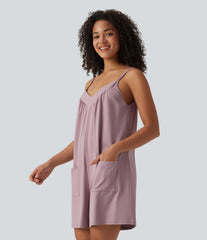 V Neck Casual Slip Romper with Pockets