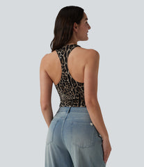 Deep V-neck Racerback Leopard Print Casual Tank Top