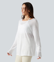 Boat Neck Long Sleeve Sheer Casual Top