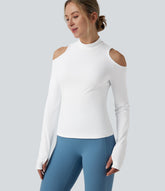 SoftlyZero™ Airy Mock Neck Cut Out Long Sleeve Thumb Hole InstantCool Yoga Sports Top-UPF50+