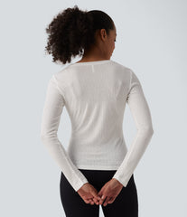 Semi Sheer Ribbed Knit Round Neck Long Sleeve Casual T-Shirt