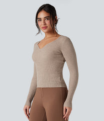 Ribbed Knit Sweetheart Neck Long Sleeve Work Sweater