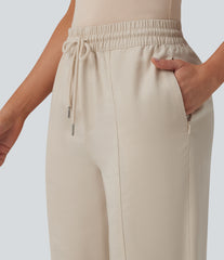 High Waisted Drawstring Tapered Draped Linen Casual Pants with Pockets