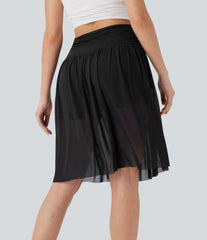 High Waisted Ruched 2-in-1 Contrast Mesh Flowy Midi Casual Skirt with Pockets