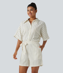 Collar Batwing Sleeve Tie Stripes Casual Romper with Pockets-Easy Peezy