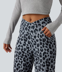 High Waisted Crossover Wide Leg Leopard Print Waffle Casual Pants with Pockets