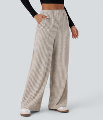Ribbed Knit High Waisted Pockets Wide Leg Casual Pants