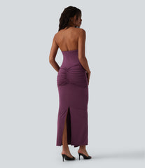 Halter Tie Front Bodycon Ruched Stretchy Satin-Like InstantCool Maxi Dress