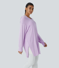 Hooded V Neck Drawstring Thumb Hole Longline Casual Sweatshirt