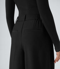 High Waisted Wide Leg Work Linen-Feel Pants with Pockets