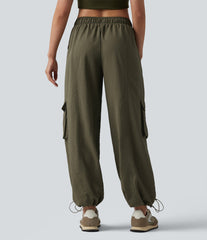 Mid Rise Drawstring Barrel Leg Casual Cargo Joggers with Pockets