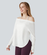 Off Shoulder Long Sleeve Thumb Hole Curved Hem Yoga Sports Top