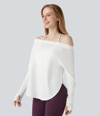 Off Shoulder Long Sleeve Thumb Hole Curved Hem Yoga Sports Top