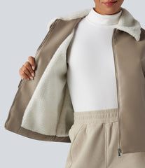 Long Sleeve Zipper Casual Sherpa Faux Leather Jacket with Pockets