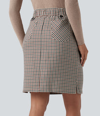 Mid Rise Zip Split Plaid Work Straight Skirt with Pockets