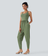 U Neck Harem Casual Jumpsuit with Pockets-Easy Peezy Edition DD-F Cups