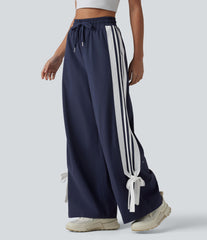 High Waisted Drawstring Color Block Stripes Bow Quick Dry InstantCool Running Wide Leg Pants with Pockets-UPF40+